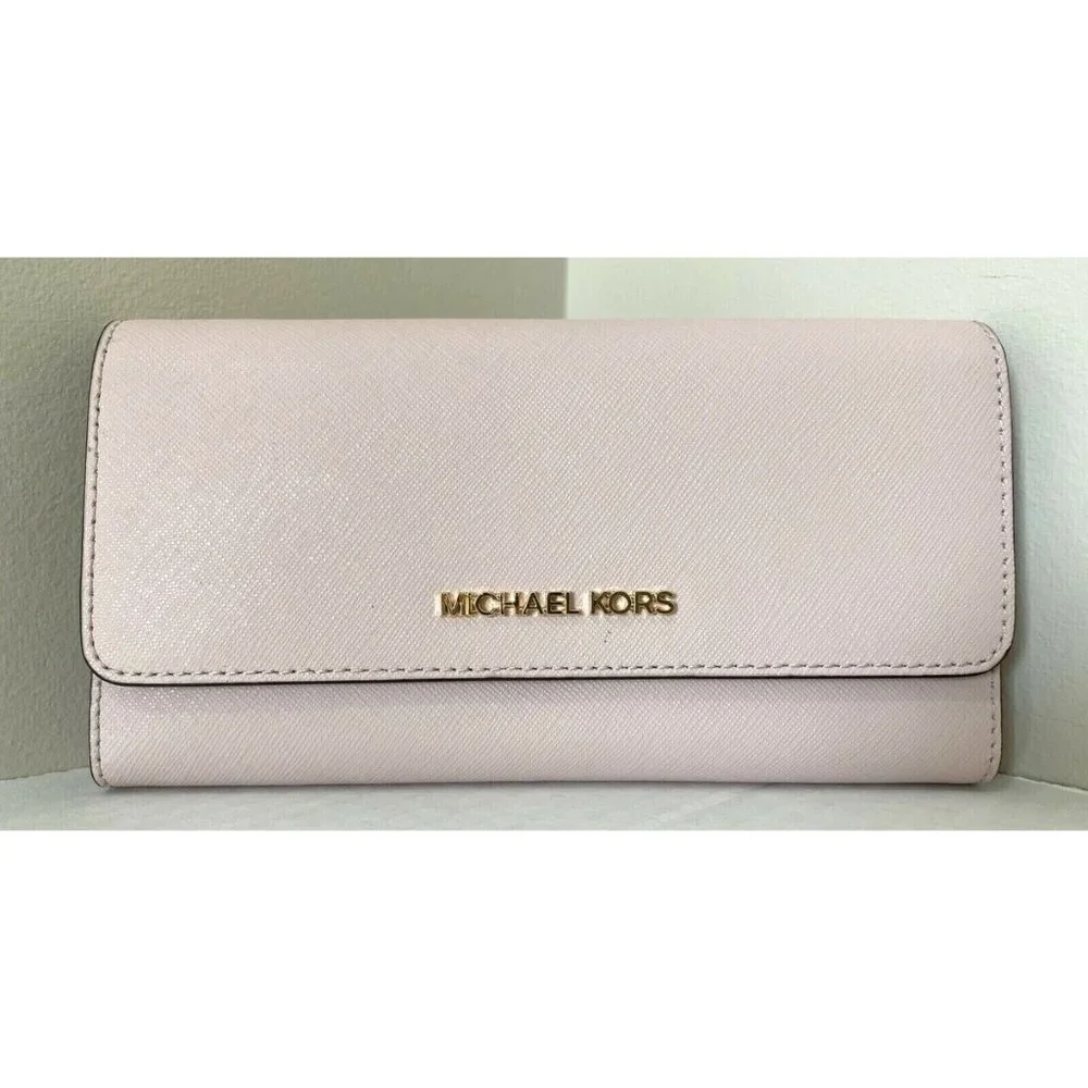 New Michael Kors Jet Set Travel Large Trifold Wallet Leather Powder Blush